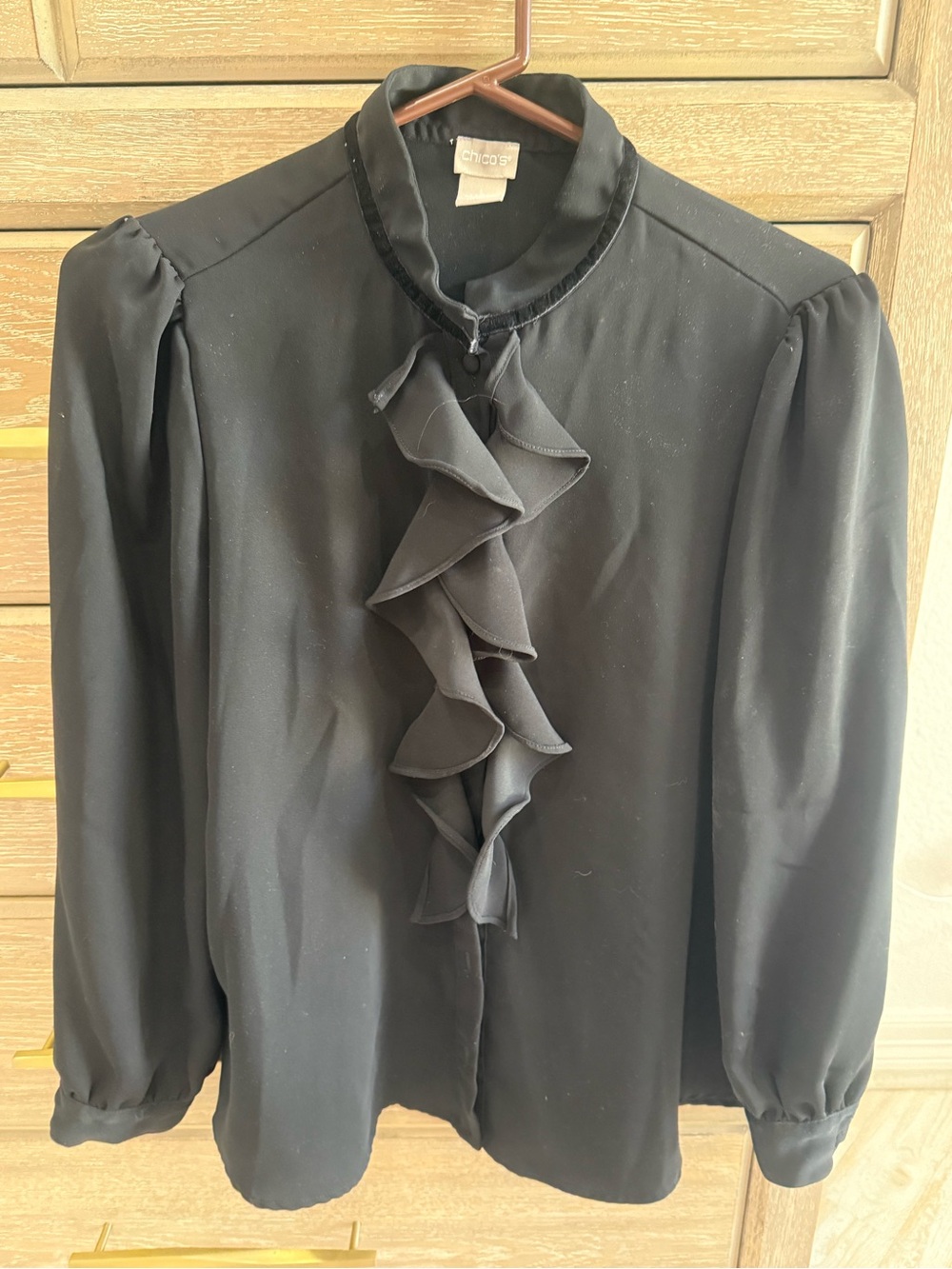 Chico's Black Ruffle-Front Long Sleeve Blouse